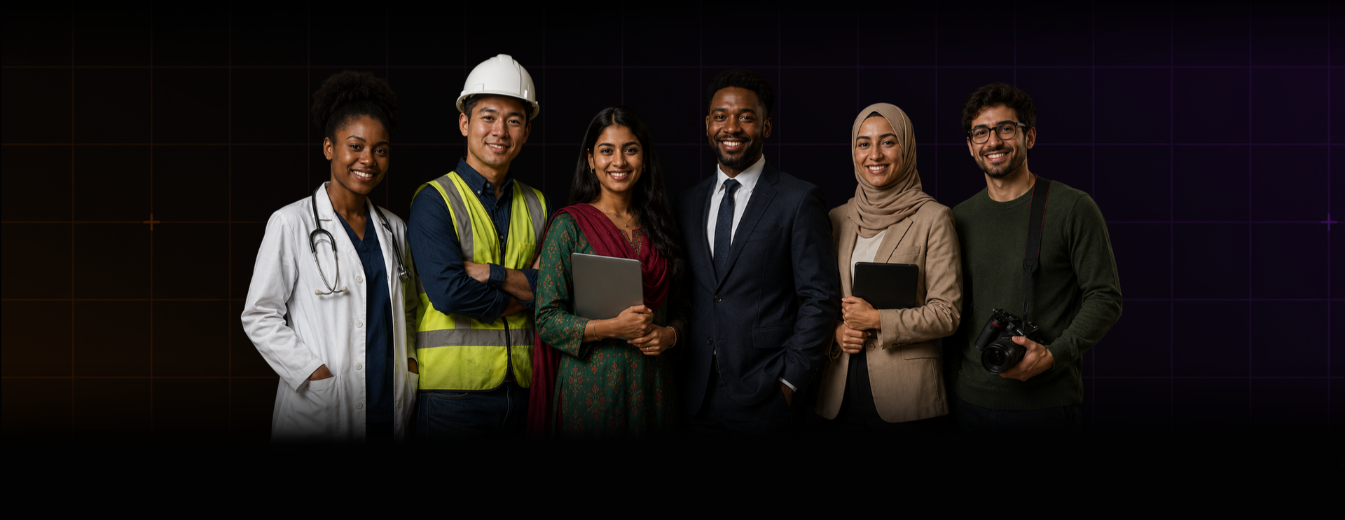 A group of professionals over a dark gradient grid.